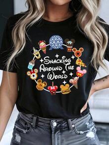Women's Casual Cotton Short-Sleeved Crew Neck T-Shirts With 'Snacking Around The World' Graphic Print, Regular Fit, Black T-Shirt. - 黑色 - 查看 6