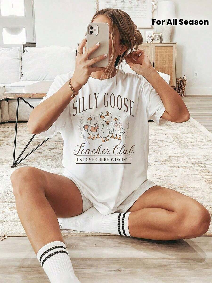 100% Cotton T-Shirt With Fun Graphic Print "Silly Goose Teacher Life", Aesthetic, Short Sleeve And Round Neck, Casual For All Seasons, Women's Clothing. - 白色 - 查看 1
