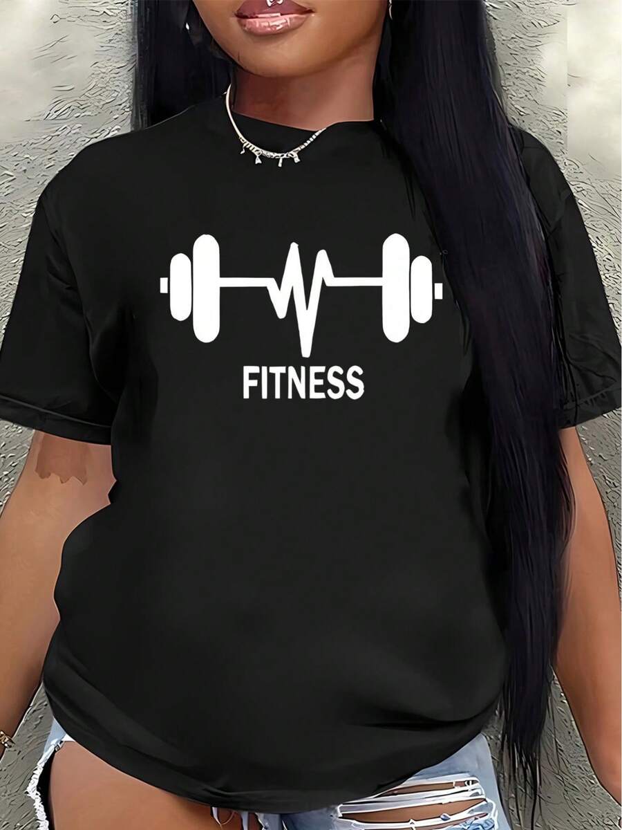This Lightweight And Durable Short-Sleeved T-Shirt, Featuring A Dumbbell And Heartbeat Design, Is Perfect For The Gym, Workouts, Casual Wear At Home, And Outdoor Activities. - 黑色 - 查看 1