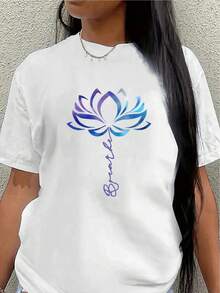 This Lightweight And Durable Short-Sleeved T-Shirt With A Lotus Design Is Perfect For Yoga, The Gym, Or Casual Outings. Made From Soft Fabric With A Blue-To-Purple Gradient, It's Ideal For Everyday Wear. - 白色 - 查看 7