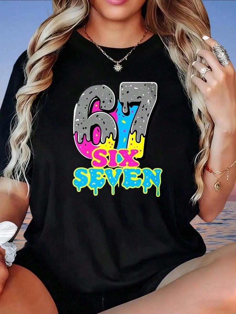 Graphic67 Six Seven Graphic T-Shirt With Colorful Drip Design, Women's Casual Summer Top, Oversized White T-Shirt, Fashion Garment, Women's T-Shirt - 黑色 - 查看 1