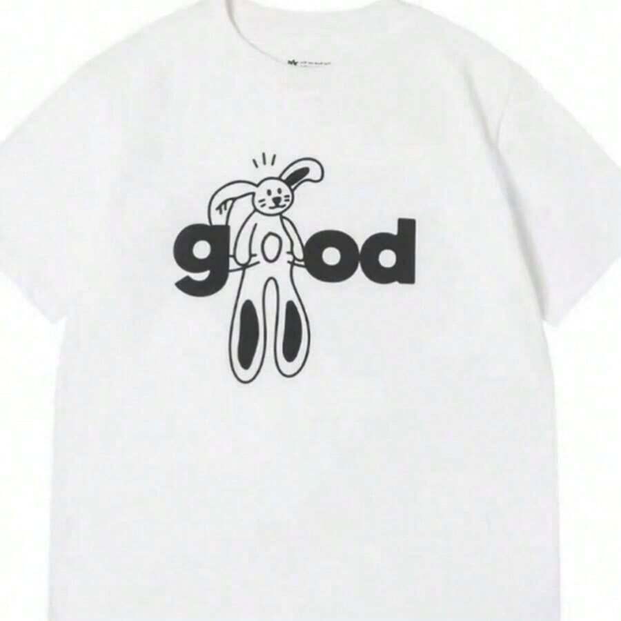 1 Piece Of Women's Casual T-Shirt, White, Round Neck And Short Sleeve, With A Cute Rabbit Graphic Print, Regular Length, Made Of Ted Fabric, 180g, 100% Cotton, The Designs Are Fully Printed. Unisex. - 白色 - 查看 1