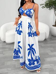 Bộ áo liền quần không tay bằng cotton in hình cây cọ dành cho nữ, dáng ôm. - Hoa màu trắng và xanh - Xem 1