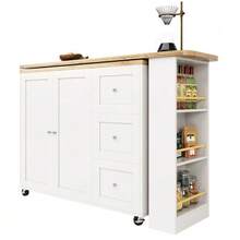 360° Rotating Bar Table (135-203 X 39 X 106 Cm) With Wheels, White, With Three Drawers. Includes Snack Rack. Multifunctional Storage Island, Ideal For Kitchen And Living Room. - 白色 - 查看 5