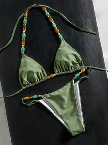 Bikinx 女款夏季掛脖彩色串珠高衩比基尼套裝，休閒優雅高彈力泳裝度假款 - 綠色 - 查看 3