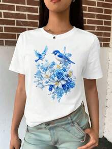 SimpieAndVersatileDesignCamiseta de mujer BlueBird con estampado floral, ideal para oto?o. Tejido de primera calidad, estampado llamativo, estilo casual y transpirable.CottonT-Shirt - Blanco - Ver 2