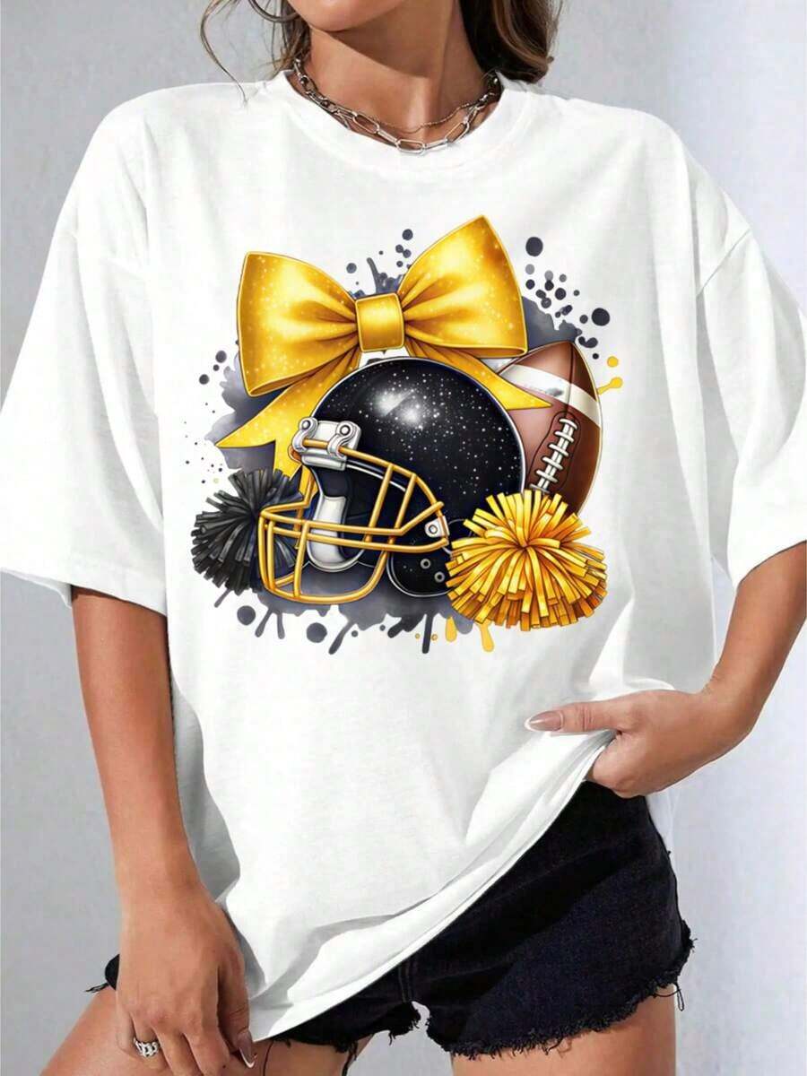 Camiseta Casual para Mujer, Cuello Redondo, Estampada, con Diseño de Casco de Fútbol Americano, Lazo y Pompones, Dorado y Negro, para Fiestas y Festivales, 100% Algodón, Resistente - Blanco - Ver 1
