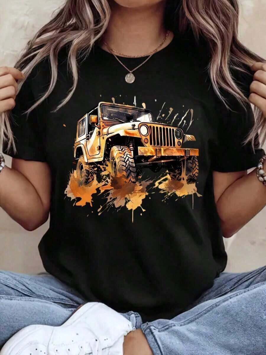 1 pieza JEEPS Camiseta de algodón estampada para mujeres, de manga corta y cuello redondo, perfecta para actividades al aire uso casual, 180g 100% algodón suave100% Cotton - Negro - Ver 1