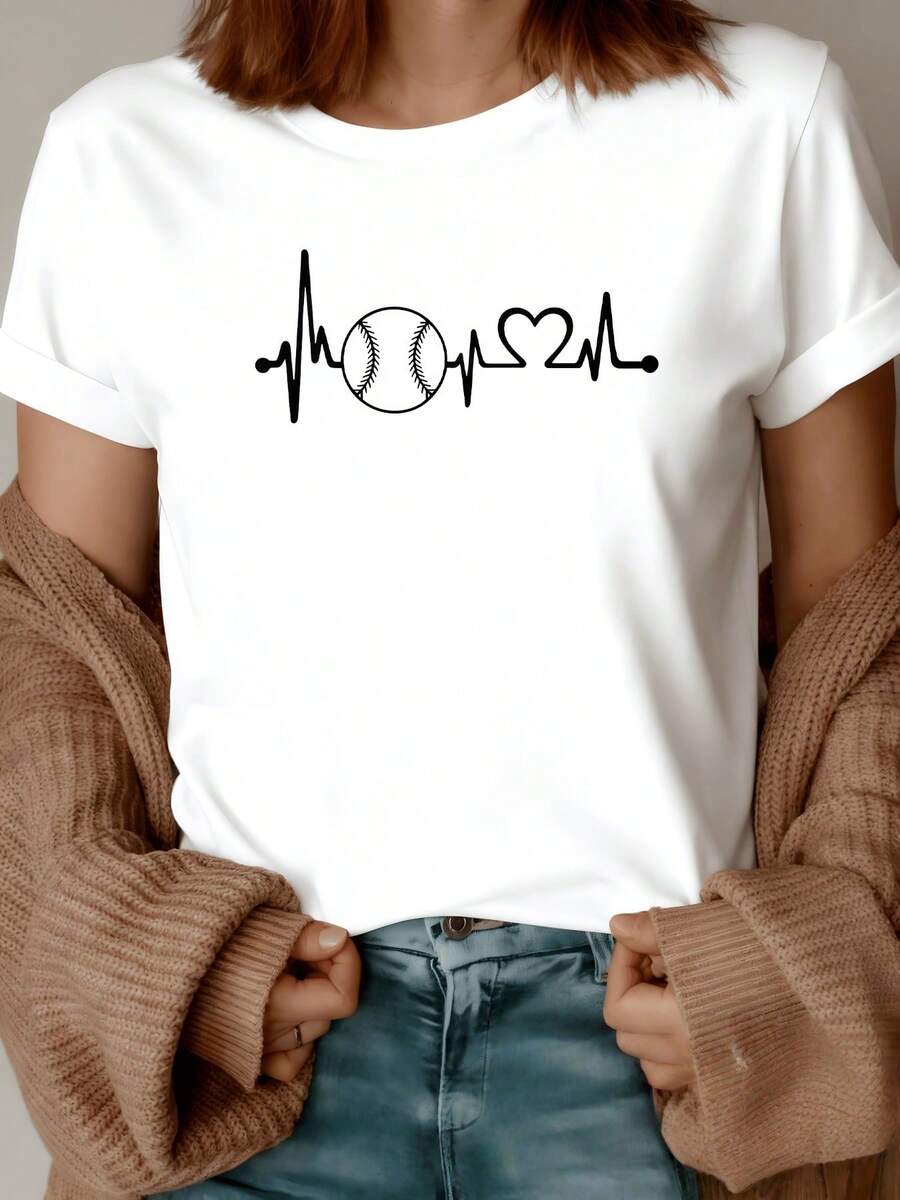Heartbeat With Baseball And Heart Symbolizing Passion, Energy And Love For The Sport, Ideal For Active Women Who Express Their Style And Enthusiasm, Modern Casual Women's T-Shirt - 白色 - 查看 1