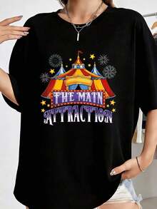 Camiseta de Atracción de Circo para, Carnaval, de Cumpleaños, y Niñas, Camisetas Gráficas Casuales de Moda para Mujeres - Camisetas de Uso Diario,Prendas callejeras de estilo fiesta y carnaval con blusas transpirables para uso diario y actividades. - Negro - Ver 1