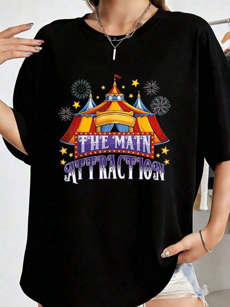 Camiseta de Atracción de Circo para, Carnaval, de Cumpleaños, y Niñas, Camisetas Gráficas Casuales de Moda para Mujeres - Camisetas de Uso Diario,Prendas callejeras de estilo fiesta y carnaval con blusas transpirables para uso diario y actividades. - Negro - Ver 1