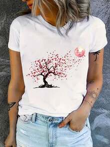 Women's Japanese Style Cherry Blossom Print Shirt - White With Red Tree Pattern, Round Neck, Casual Top, Suitable For Daily And Formal Occasions, Machine Washable, Sheer Fabric For All Seasons, Shiny Print Shirt, Women's Blouses > Clothing - 白色 - 查看 6