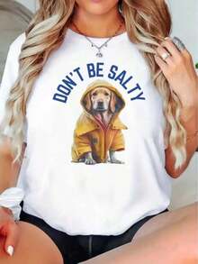 1 pieza de camiseta de mujer con estampado gráfico de "Don't Be Salty Dog In Raincoat", 180g, 100% algodón. - Blanco - Ver 1