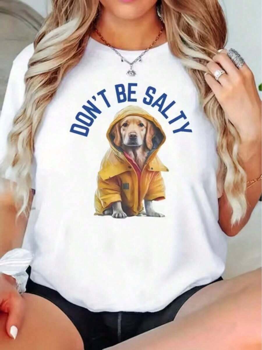 1 pieza de camiseta de mujer con estampado gráfico de "Don't Be Salty Dog In Raincoat", 180g, 100% algodón. - Blanco - Ver 1