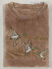 Camiseta de Algodón 100% Lavado de 230G, Estilo Vintage Urbano para Hombre y Mujer, Holgada, Suave, Transpirable, con un Diseño Único de Patos Salvajes Despegando del Agua, Moderna y a la Moda, Cuello Redondo Casual de Manga Corta, Ideal para Viajes y como Regalo. - Algodón lavado marrón - Ver 6