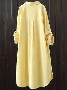 Women's Casual Solid Color Roll-Up Sleeve Shirt, Spring/Autumn - Yellow - View 2