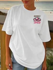 Camiseta de manga corta con estampado frontal y trasero - "Howdy Honey", elegante estampado de sombrero de vaquero - Camiseta de mujer con estampado de moda para primavera/verano, artículo de moda, adecuada para citas de fin de semana, reuniones y viajes. - Blanco - Ver 2