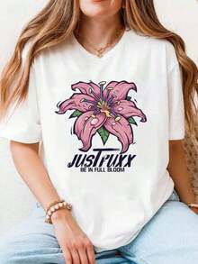 Camiseta de manga corta para mujer con estampado de flores de lirio rosa, corte holgado, informal, para verano, de tela cómoda, perfecta para regalo. - Blanco - Ver 6