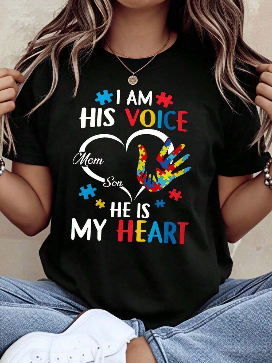 Soy su voz, él es mi corazón. Camiseta de concientización sobre el autismo para madre de hijo autista. Regalo de apoyo y cariño para el mes de concientización sobre el autismo. Ropa para padres de niños con necesidades especiales, camiseta de algodón. - Negro - Ver 1