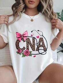 Women's Casual Short Sleeve T-Shirt - Leopard Print With Stethoscope And Pink Roses, Round Neck, Summer Top, Machine Washable, Ladies' T-Shirts, Casual Wear, Modern Style, Comfortable Fit

-White - 白色 - 查看 6
