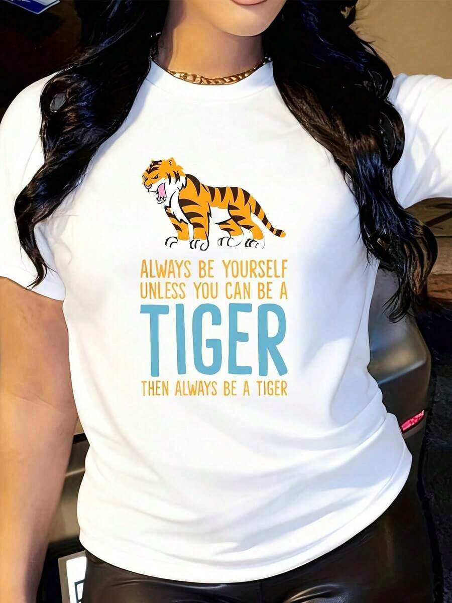 Camiseta Divertida con Gráfico de Tigre para Mujer - Dicho "Siempre Sé Tú Mismo a menos que puedas ser un Tigre" - Camiseta Casual de Manga Corta con Cuello Redondo y Diseño de Cara y Garras de Tigre, 220 g/m² - Camiseta Negra con Estampado Naranja-Amarillo para Atuendos Casuales y Fiestas de Disfraces - Ropa Divertida para Amantes de los Animales - Patrón Geométrico, Corte Regular, Lavable a Máquina, Uso en Todas las Estaciones, Tallas para Adultos, Gráfico Humorístico con Temática de Tigre - Blanco - Ver 1