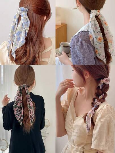 1pc Women's Fashionable Elegant Chiffon Ditsy Floral Small Scarf With Ribbon, Flower Scrunchie, Bowknot Hair Accessory, Versatile Jewelry Gift Suitable For Daily Outfit, Party And Holiday, Casual And Vacation Wear (Floral Pattern Placement Random)