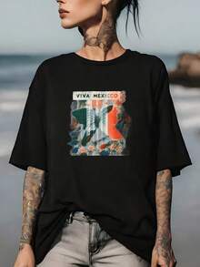 Women's Black Viva Mexico T-Shirt - Soft 180g Fabric, Unisex Design, Perfect For Family Outings, Company Team Events, And Holiday Gifts For Under $20 - 黑色 - 查看 1