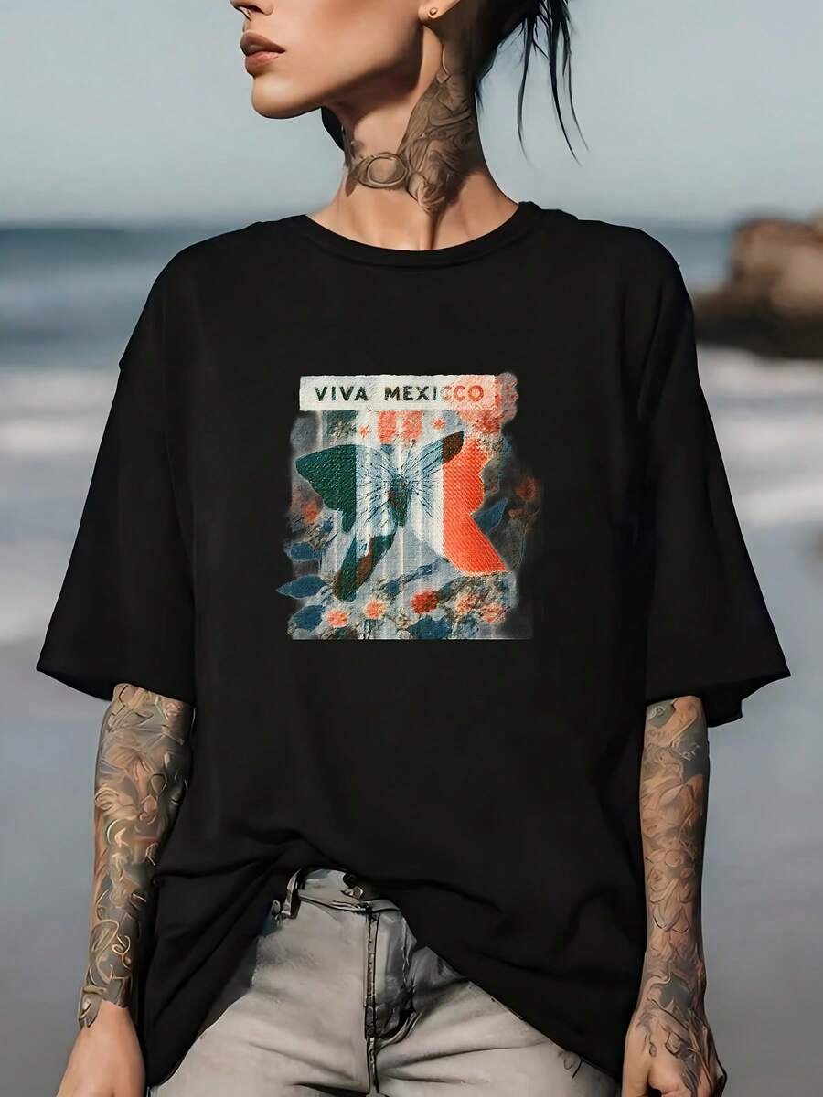 Women's Black Viva Mexico T-Shirt - Soft 180g Fabric, Unisex Design, Perfect For Family Outings, Company Team Events, And Holiday Gifts For Under $20 - 黑色 - 查看 1