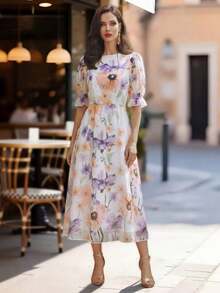 Vestido holgado con estampado francés, puños elásticos y cintura drapeada fluida para mujeres. Vestido floral vintage elegante para mujer, vestido de flores de primavera, vestido de verano para mujer. - Multicolor - Ver 4