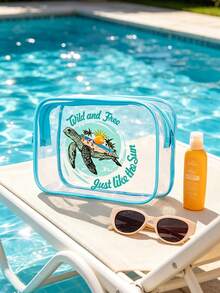 Clear Pvc Travel Toiletry Bag With Blue Trim, "Wild And Free Just Like The Sun" Sea Turtle Print Cosmetic Pouch, Makeup Organizer For Beach & Vacation, Waterproof Zipper Pouch For Toiletries, Sunscreen, And Travel Essentials, Lightweight, Durable, And Quick-Drying, Perfect For Beach Trips, Pool Days, Air Travel - Multicolor - View 5