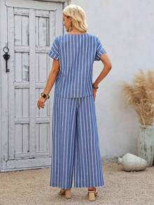 Conjunto de 2 piezas de top de manga corta de cuello redondo a rayas y pantalones para mujeres, conjunto de ropa de vacaciones de 100% algodón, apto para devolución y reembolso, vestidos casuales de verano para mujer, conjunto informal de verano para mujer - Negro - Ver 2