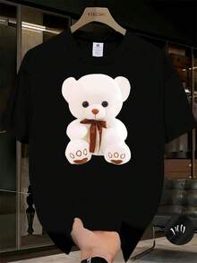 New Casual Summer T-Shirt With White Teddy Bear Print For Men And Women - Short Sleeve, Round Neck, Casual Summer Style, With Pink Bow And Brown Ears, Soft And Suitable Size S, Unisex Casual Set, 1 Piece - Unisex Urban Style Vintage T-Shirt, Cotton, Short Sleeve And Round Neck. - 黑色 - 查看 1