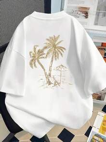 Short-Sleeved Top With A Palm Tree Print On The Front And Back, A Summer Must-Have, Perfect For Beach Vacations - Casual Women's Top - Women's Clothing, Comfortable Fit, Classic Design. Elegant Party Outfit, Stylish Ladies' T-Shirt, Blouses Suitable For Curvy Women, Prom Skirts, Casual Wear - 白色 - 查看 2