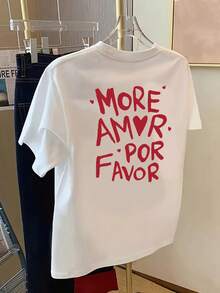 Short-Sleeved T-Shirt With Front And Back Print - More Love, Please Love The  Print - Women's T-Shirt With A Modern Print For Spring/Summer, A Fashionable Item. Elegant Party Outfit, T-Shirt For Elegant Ladies, Blouses Suitable For Curvy Women, Prom Skirts, Casual Wear - 白色 - 查看 4