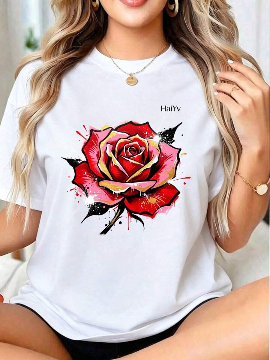 Limited Time Offer, Limited Quantity Available, Flash , Women's Shirts, Women's T-Shirts. Women's Oversized White T-Shirt, Short Sleeve Round Neck, Red Rose Graffiti Print With Gold Details, Casual Artistic Urban Style For Everyday Wear - 白色 - 查看 1