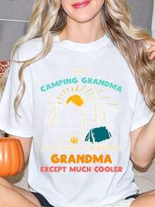 Women's Crew Neck T-Shirt With Granny Print, Ideal For Summer Outdoor Camping, A Perfect Gift For Grandmothers, Suitable For Summer And Autumn Celebrations, An Ideal Gift For Patriots And Independence Day, And A Great Gift For Friends And Family. - 白色 - 查看 6
