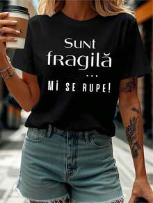 Unique T-Shirt With A Y2K Design And A Bold Message That Reads "Sunt Fragilă Mi Se Rupe" (It's Fragile, My Rock), Ideal For Those Seeking Style And Originality In Their Wardrobe. Perfect For Any Occasion, It Highlights Your Personality And Confidence. - 黑色 - 查看 8