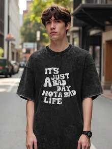 100% Cotton, 230g Weight, Loose-Fitting Black T-Shirt With An Inspirational Phrase: This Is A Bad Day, Not A Bad Life. Perfect For Everyday Casual Wear, Suitable For All Seasons. Unisex, Urban, Versatile, Flattering, Streetwear Style, Unique Design. - 黑色 - 查看 7