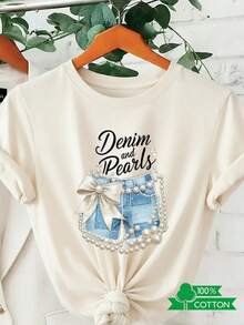 Women's Crew Neck T-Shirt With Anime Letter Print, Simple Design, Comfortable And Breathable, Suitable For Casual And Versatile Everyday Wear, Showcasing A Natural And Elegant Style, A Must-Have For Summer Parties, Local Delivery. Denim Shorts With Pearl Laces. Casual Women's Blouses. - 杏色 - 查看 7