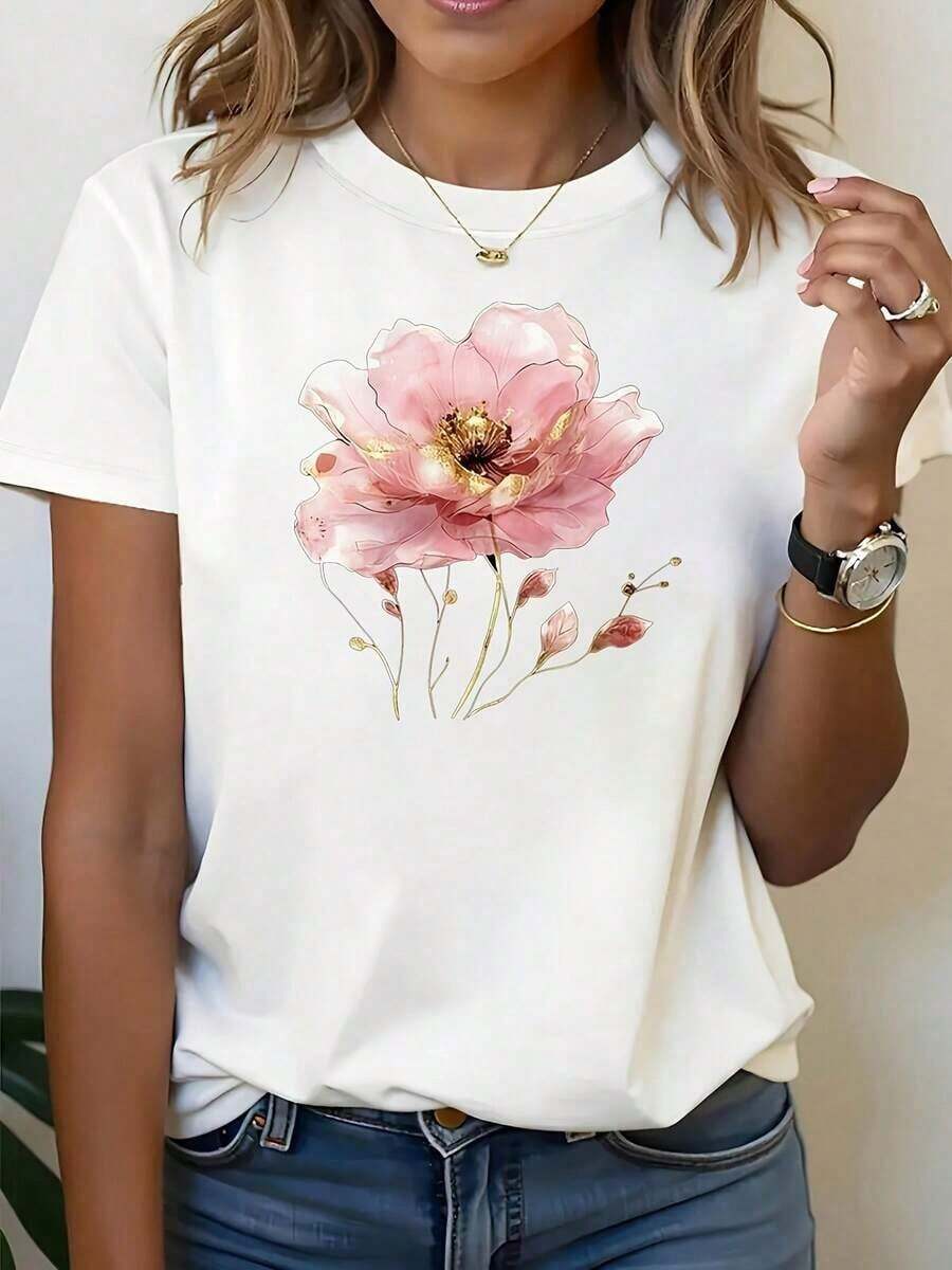 Blusa de manga corta con estampado floral rosa y dorado para mujer - Top de verano de cuello redondo de alta elasticidad, corte regular en forma de H, lavable a máquina, para primavera/verano/otoño, uso casual y semi-formal.blusas para mujer>ropa - Blanco - Ver 1