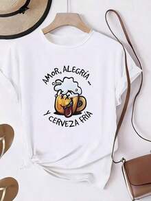 Women's Short-Sleeved Crew Neck T-Shirt With A Cartoon Beer Print, Stylish And Urban. | Soft Graphic Tees In Multiple Sizes And Colors, Casual Fit, Stretchy Fabric, Western Graphic Tees, Men's Clothing, Men's Shirts, Graphic Tees, Women's Clothing, Summer Tops, Summer Clothes, Summer Graphic Tees - 白色 - 查看 1