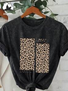 Women's Casual Vintage Washed T-Shirt, Leopard Print Patchwork Numeric Logo Decor Round Neck Short Sleeve Loose Tee, Suitable For Outings, Summer, Vacation, Plus Size Black - Black - View 7