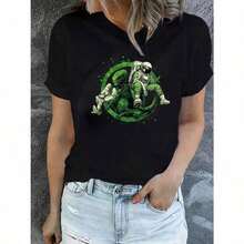 New Women's Short-Sleeved Summer T-Shirt With Astronaut And Dragon Print Design - A Casual And Comfortable Women's T-Shirt With Green And Black Prints, Suitable For All Seasons. | Space-Themed T-Shirt | Comfortable Fit - Unisex Short-Sleeved Crew Neck T-Shirt Made Of Pure Cotton, With A Retro Urban Style And Relaxed Fit - 黑色 - 查看 8
