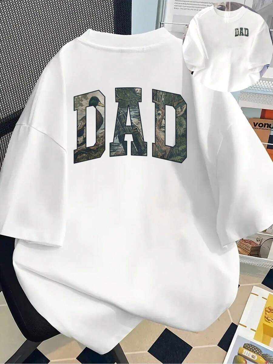 New 180g Short-Sleeved T-Shirt, 1% Cotton, With Front And Back Prints - DAD, Father's Day - Fashionable Printed T-Shirt For Women, Short-Sleeved, Suitable For All Seasons, Clothing - Can Be Worn As A Base Layer In Spring And Autumn Or Alone In Summer, Unisex. - 白色 - 查看 1
