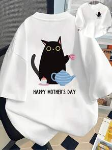 New 180g Short-Sleeved T-Shirt, 1% Cotton, With Front And Back Print - Black Cat, Mother's Day - Fashionable Printed T-Shirt For Women, Short-Sleeved, For All Seasons, Modern Clothing - Suitable For Spring And Autumn As An Inner Layer Or To Wear Alone In Summer, Unisex. - 白色 - 查看 7