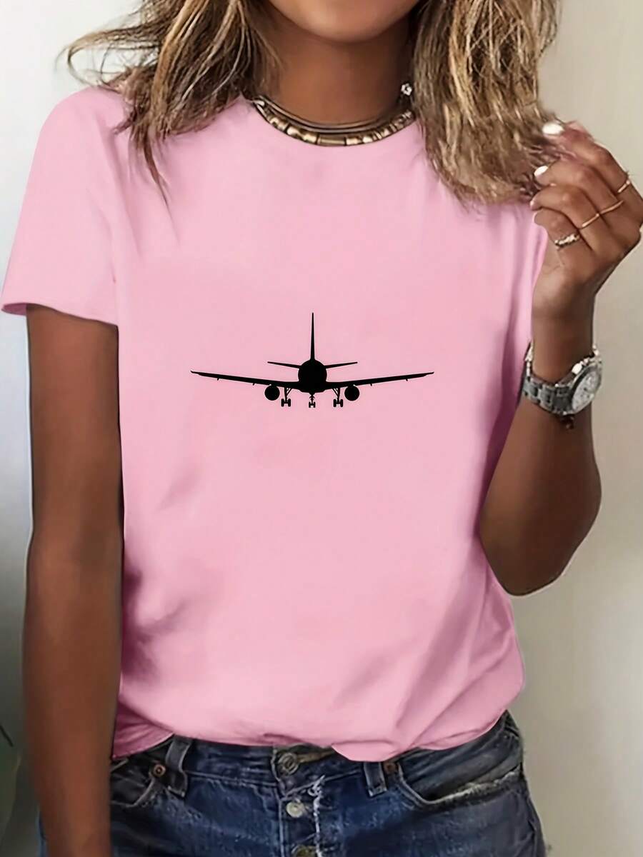 Camiseta con Estampado Gráfico de Avión - Ropa deportiva casual de verano de manga corta, suave, transpirable y cómoda, hecha de una mezcla de poliéster, fácil de cuidar, de secado rápido, adecuada para actividades al aire libre y uso casual, estilo casual, TODOS/Global/Todos. - rosa - Ver 1