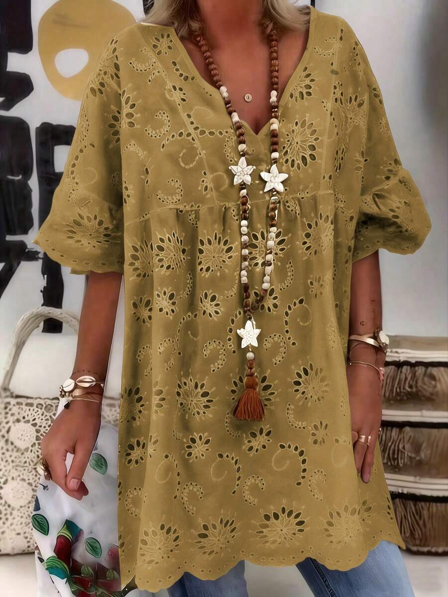 Solid Color Hollow Out Semi-Transparent Vacation French V-Neck Lace Cover Up Women Comfortable Plus Size Short Sleeve Cover-Up, Regular Fit V-Neck Embroidery Tulle Top - Khaki - View 1