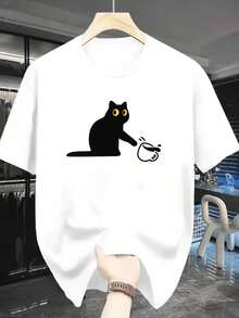 Camisetas vintage 100% algodón para mujer, camiseta blanca casual con un divertido diseño de un gato negro con ojos amarillos sosteniendo una taza de café, la primera opción para el uso diario - confeccionada con tela de algodón ligera y transpirable, el diseño de manga corta ofrece la máxima comodidad, adecuada para descansar en casa o para salidas diarias. 100% algodón, manga corta. - Blanco - Ver 8