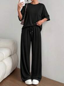 PRETTYGARDEN Women's Summer Clothes 2 Piece Sets Lounge For Short Sleeve Matching Airport Travel Outfits Casual Black Vacation Summer Brunch Black Outfits For Women Mothers Day Outfit - 黑色 - 查看 4