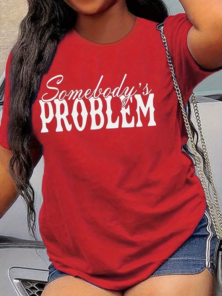 Comfortable, Loose-Fitting Casual T-Shirt With A Letter Print, Ideal For Work, Outings, And Lounging At Home. Plus-Size Women's Spring/Summer T-Shirt. - 紅色 - 查看 1